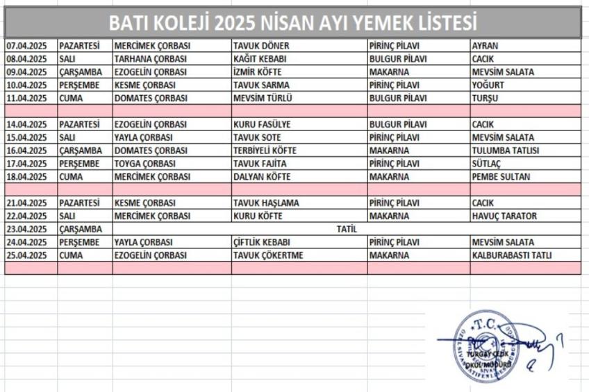 NİSAN AYI (2025) YEMEK LİSTESİ